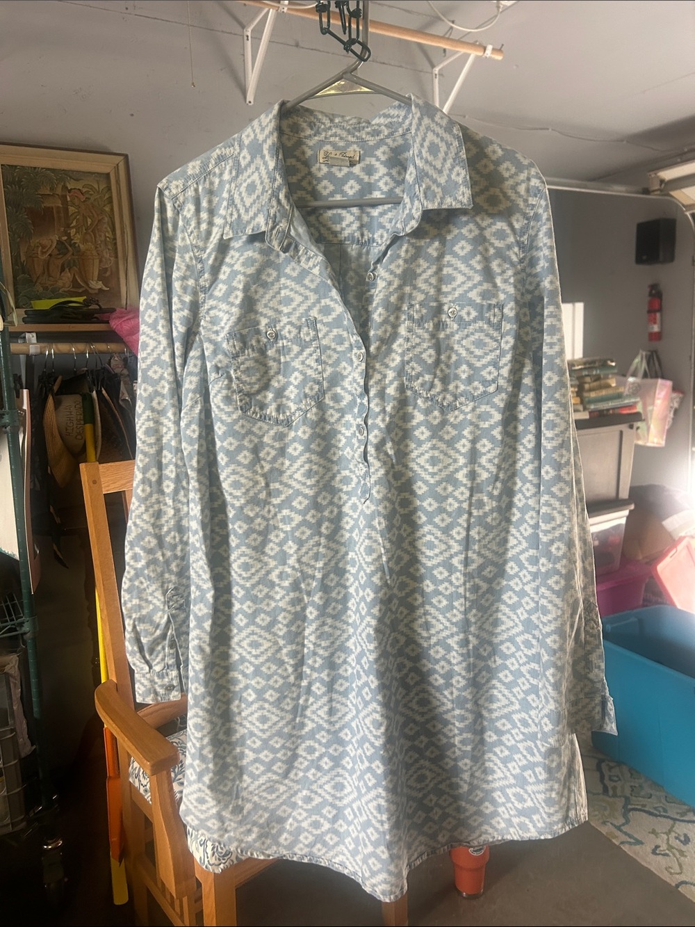 Lucky Brand Light Blue & White Long-Sleeve Printed Tunic Dress